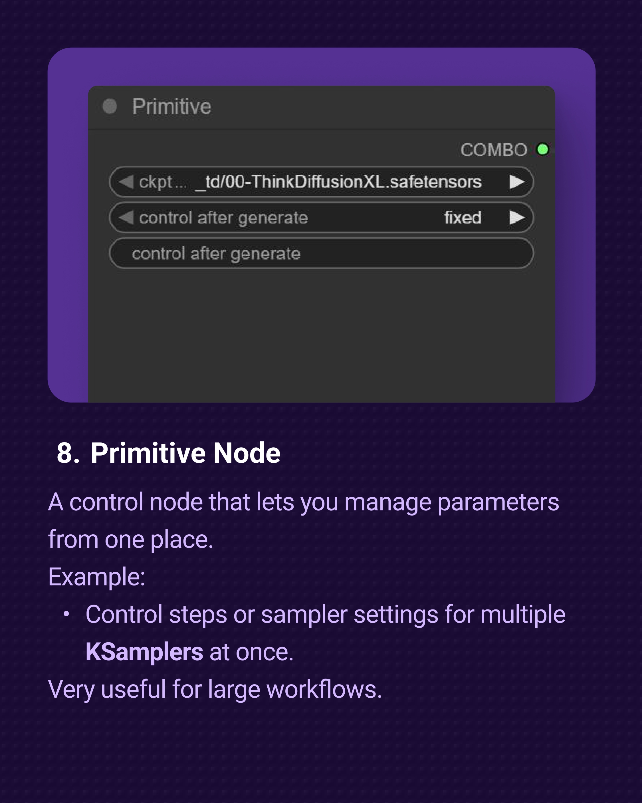 ComfyUI Primitive node connected to multiple KSampler inputs for centralized control