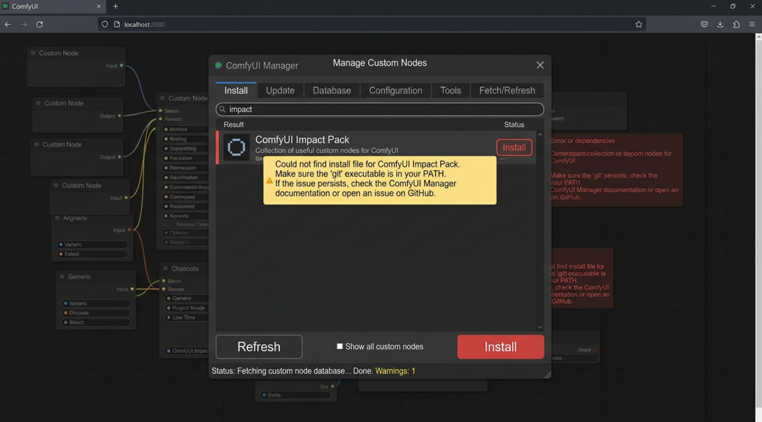 ComfyUI Manager dialog listing missing custom nodes with Install buttons and red-outlined not-installed nodes on canvas