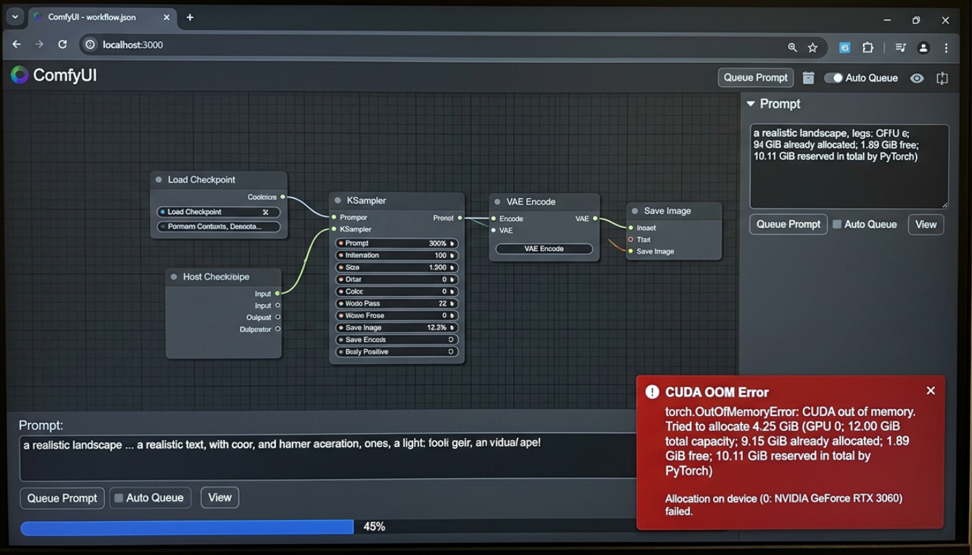 ComfyUI OOM error toast showing torch.OutOfMemoryError in the UI