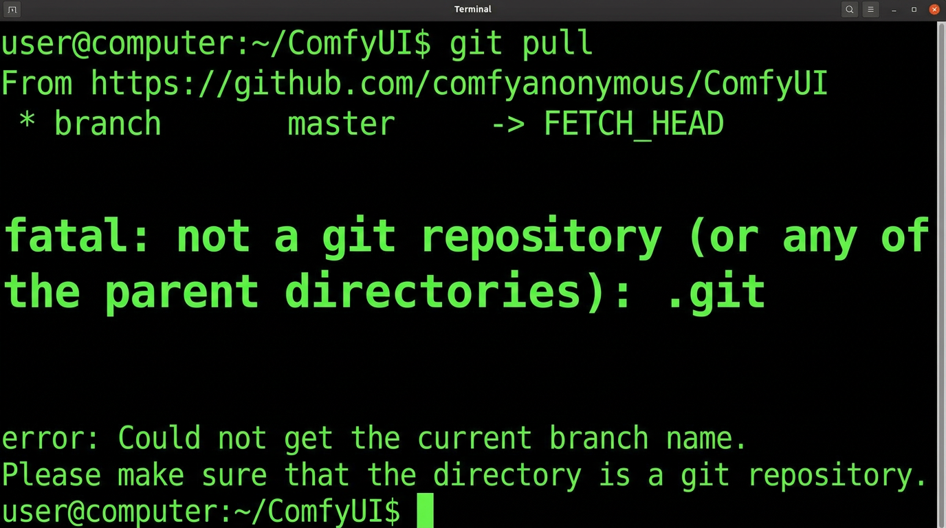 Terminal showing the ComfyUI isn't a git repo error message