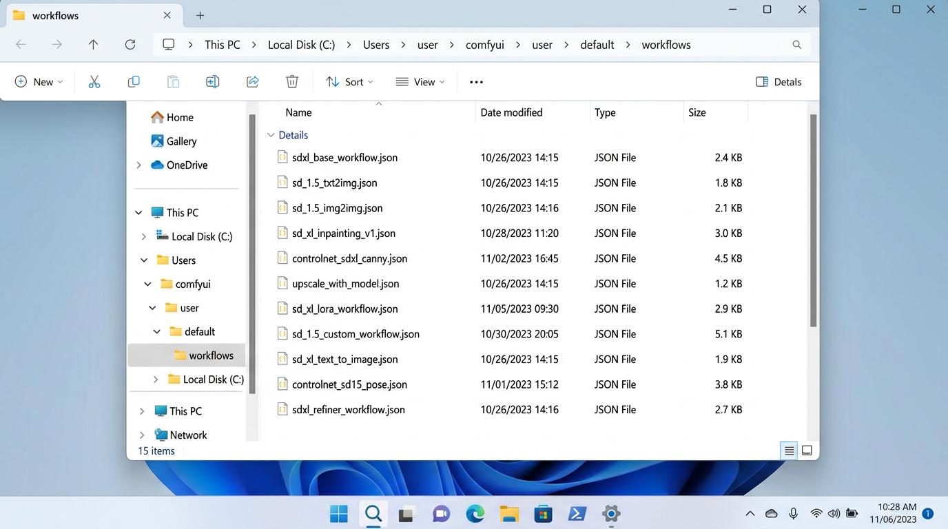 Windows file explorer showing ComfyUI user/default/workflows/ folder with saved .json workflow files