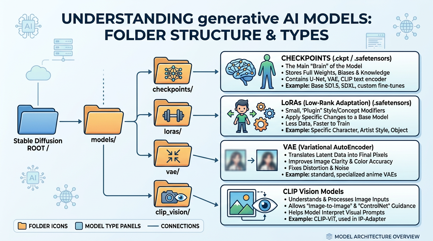 ComfyUI model folder tree showing directory structure for checkpoints, LoRAs, VAE, ControlNet, and other model types