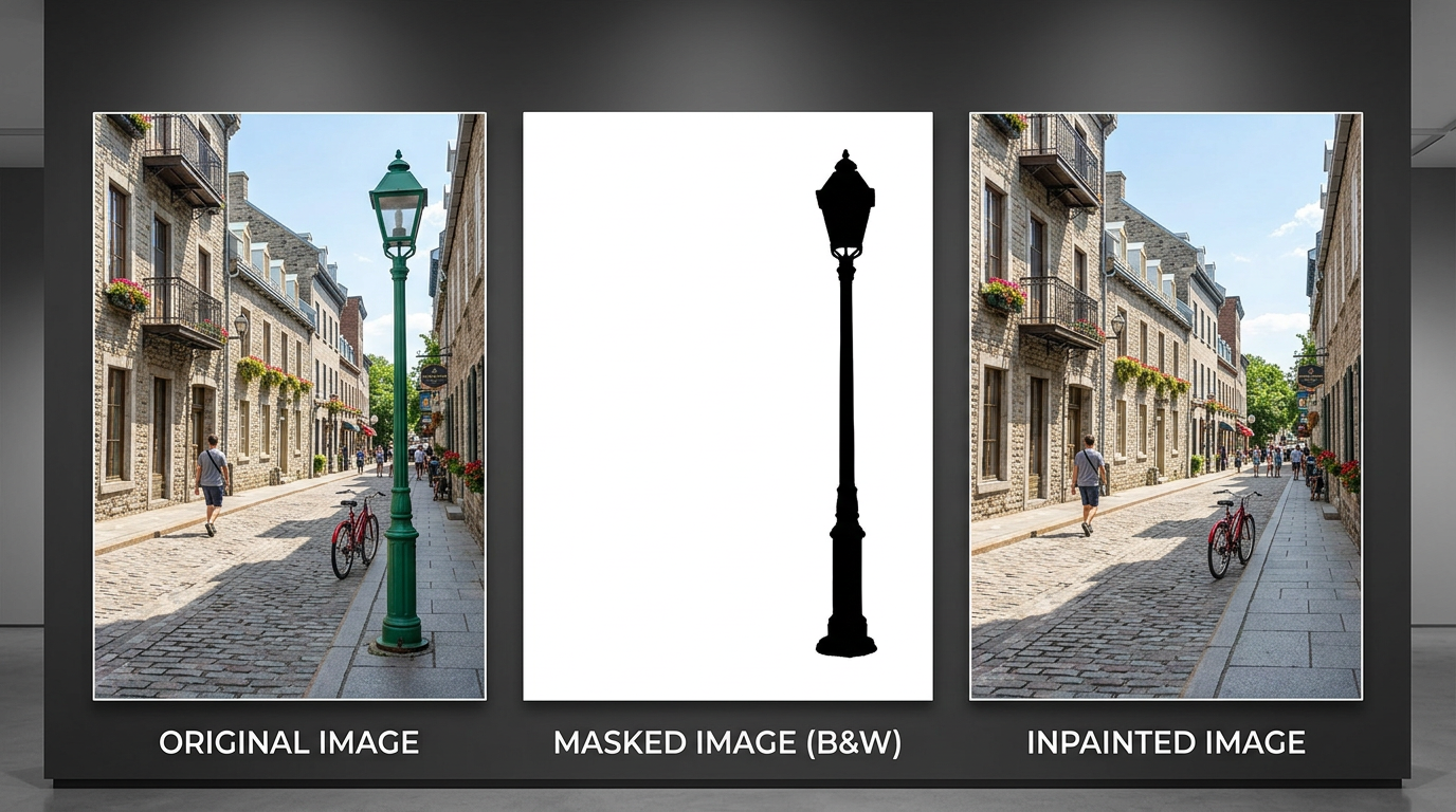 ComfyUI inpainting workflow showing original image, mask, and regenerated output