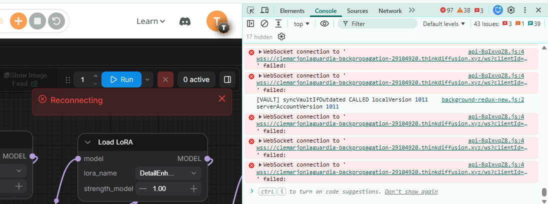 ComfyUI reconnecting error status in the browser interface