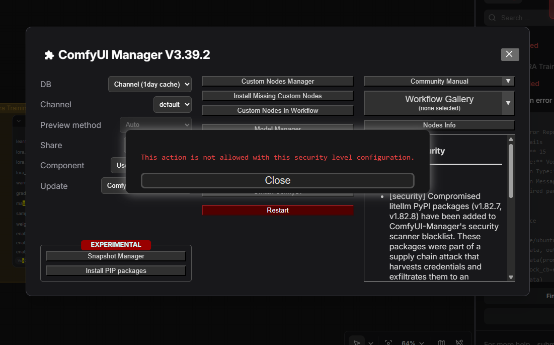 ComfyUI Manager security level configuration error blocking custom node installation via Git URL