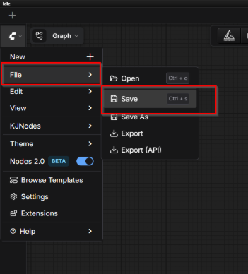ComfyUI workflow save menu showing Save As and Export options